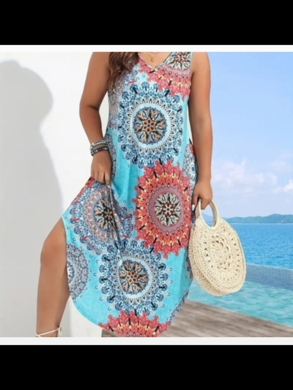 Light Blue Mandala Print Sleeveless Beach Dress